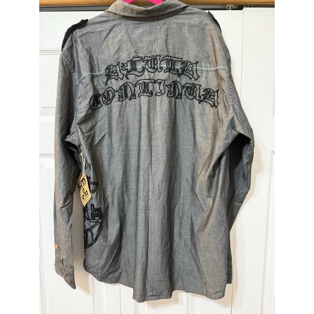 Live Mechanics Men’s XL Gray Chambray Cotton Button-Up Shirt Embroidered Patches